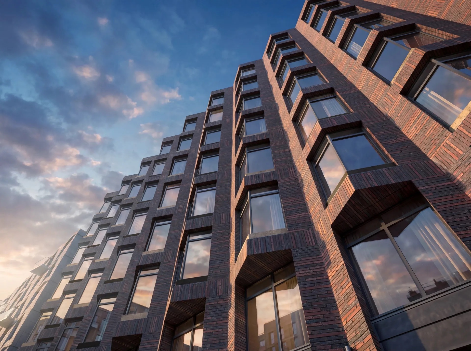 Тёмный фасад «Акватории» ПСК — глазурованная керамика, эркеры