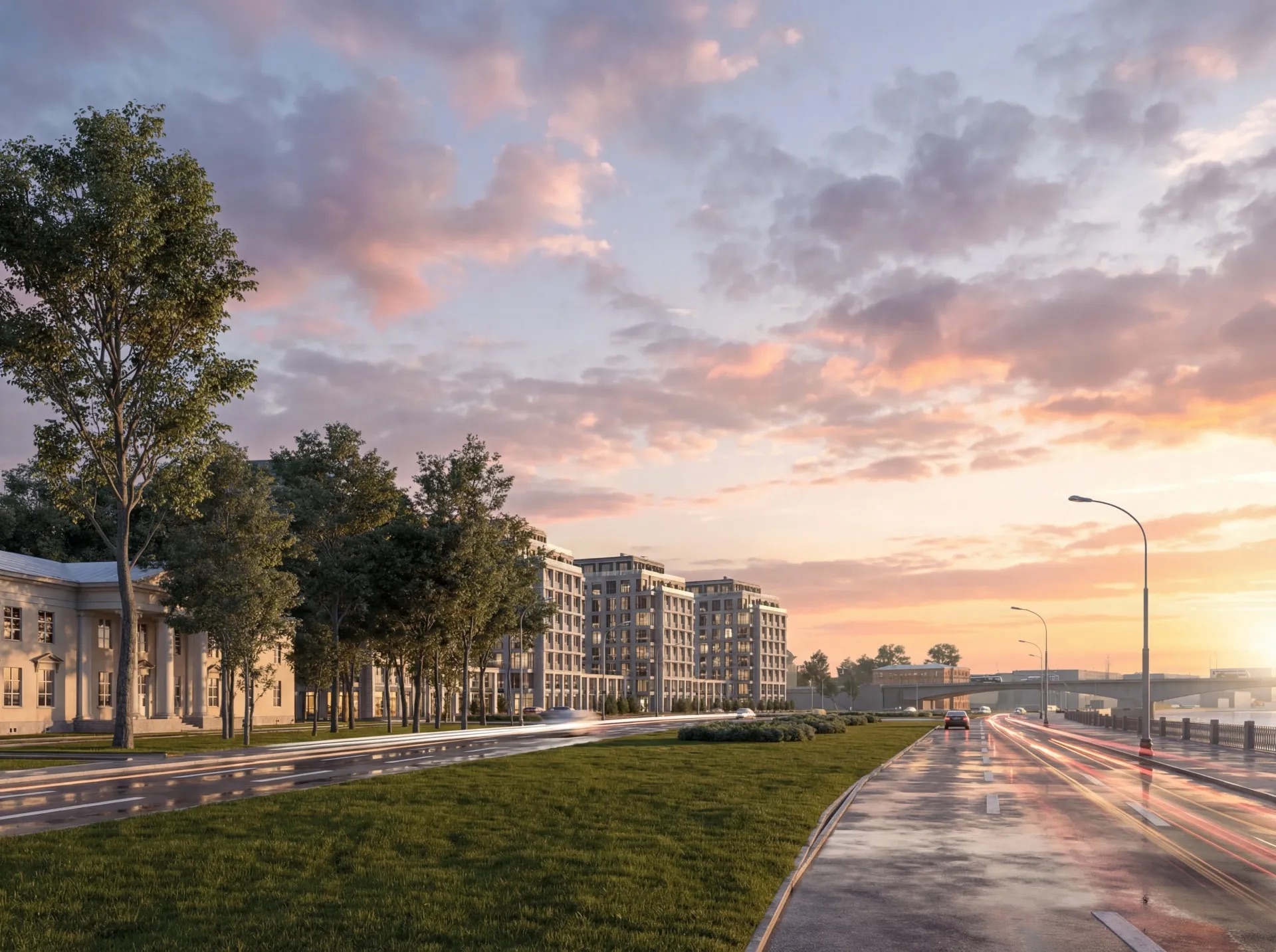 «Акватория» ПСК — вид на закате, набережная и дача Головина