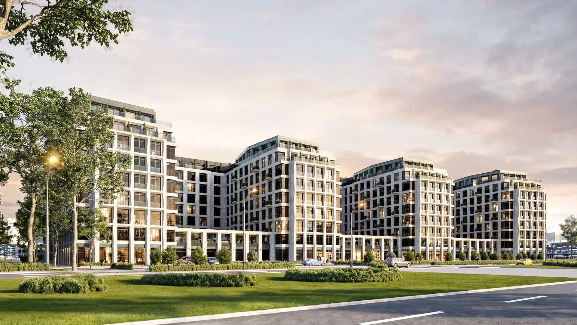 Панорама «Акватории» ПСК — три секции, бульвар, вечерняя подсветка