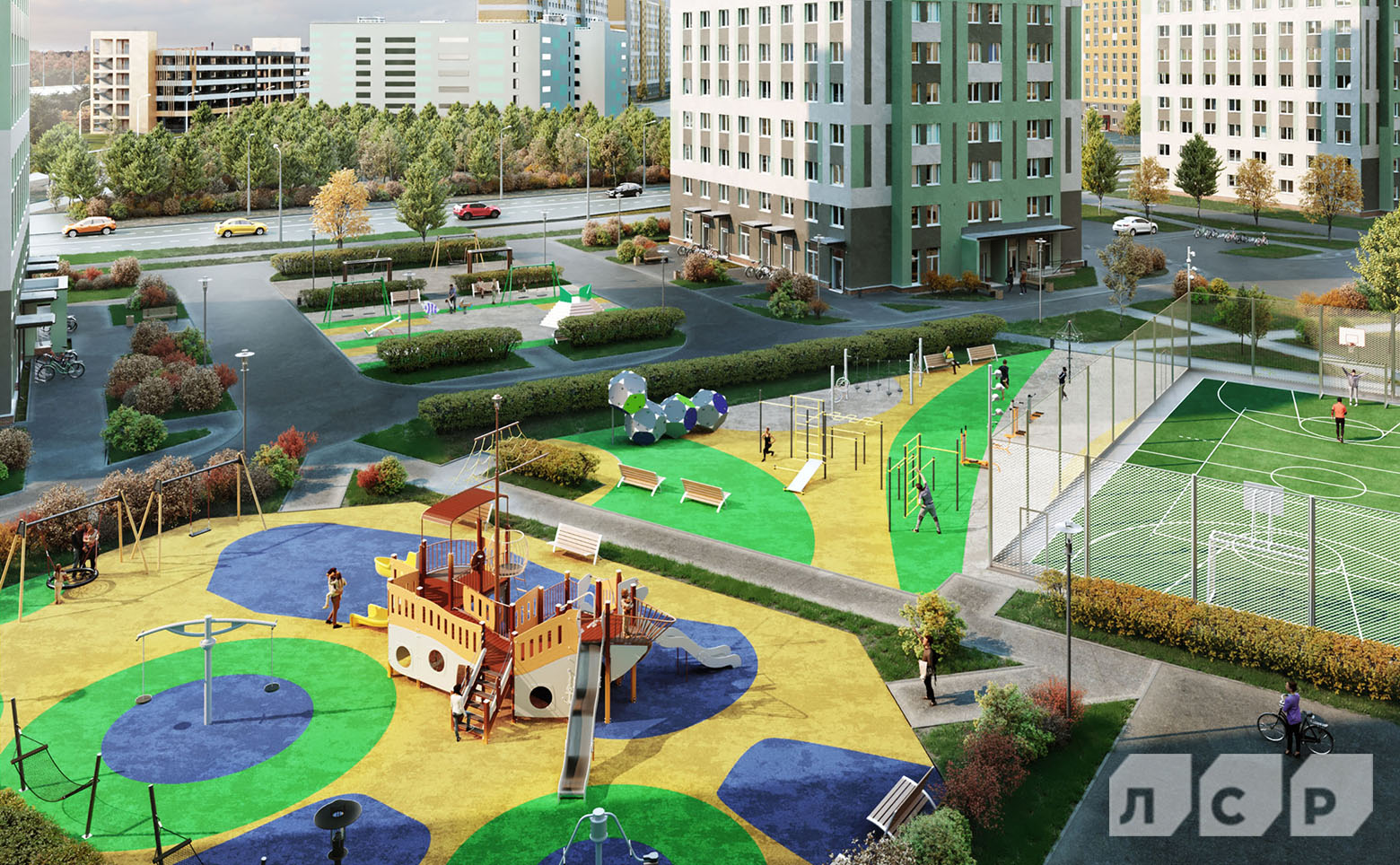 Двор ЖК Ручьи 2 — детская площадка с морской тематикой, спортивная зона